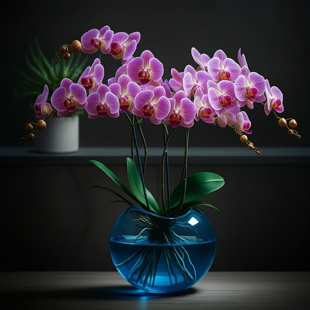 a blue vase with purple flowers in it and a green leaf in the middle