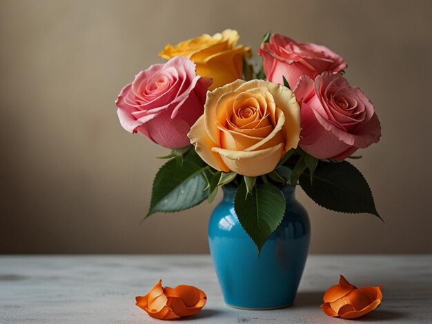 a blue vase with roses and orange roses in it