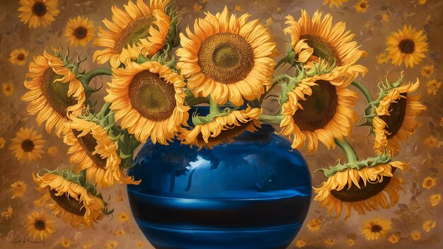 a blue vase with sunflowers on it