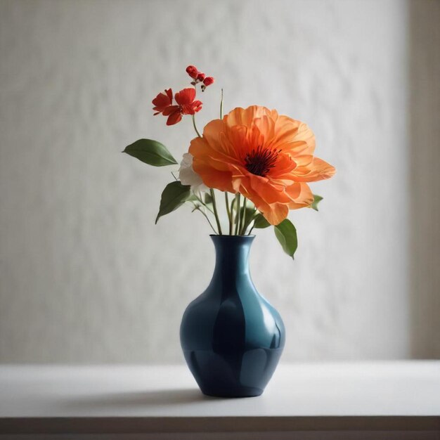 a blue vase with three orange flowers in it