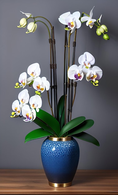 A blue vase with white flowers and green leaves in it.