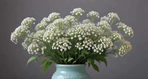 Photo a blue vase with white flowers and green leaves