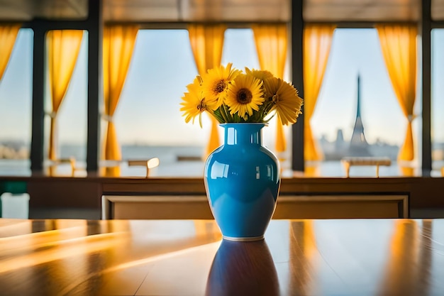 Photo a blue vase with yellow flowers on a table in front of a window