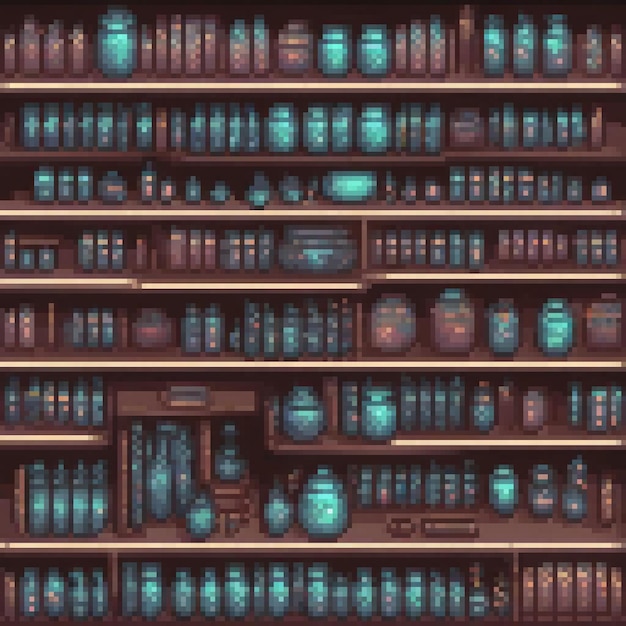 Photo blue vases in pixel art elegantly displayed on a shelf