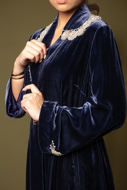 Blue Velvet Embroidered Kimono Sleeve Coat With Beaded Collar Elegant Attire for Formal Events