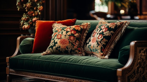 Photo blue velvet sofa with decorative pillows and a flower arrangement