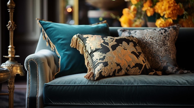 Photo blue velvet sofa with decorative pillows and a flower arrangement