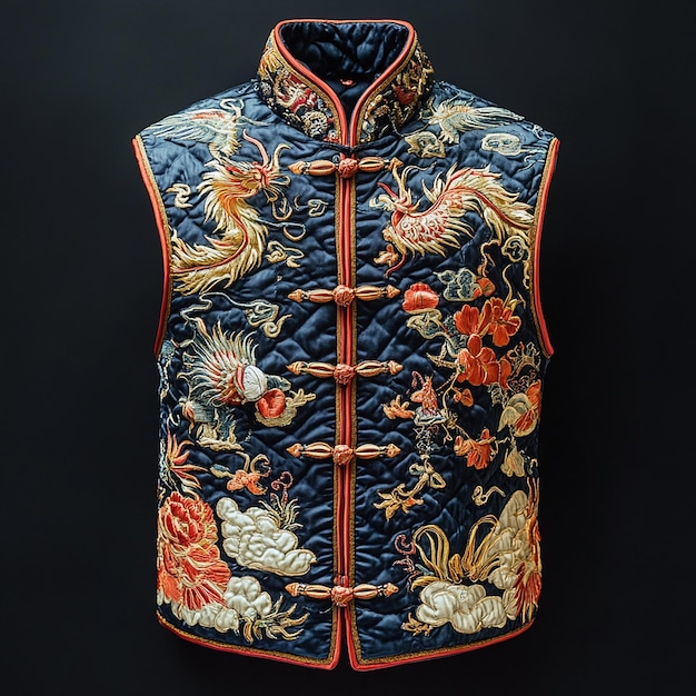 a blue vest with a floral pattern and a blue and red flower on the sleeve