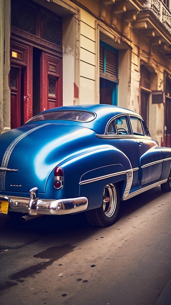 Blue vintage classic car in a colorful street retro