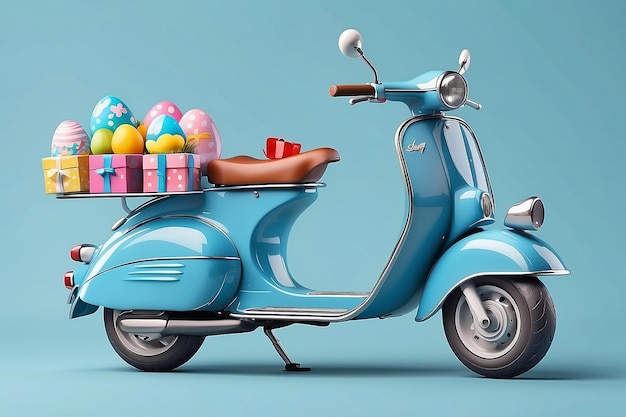 Blue vintage scooter with gift box for Happy easter day easter delivery with colorful egg Easter