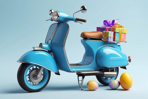 Blue vintage scooter with gift box for Happy easter day easter delivery with colorful egg Easter