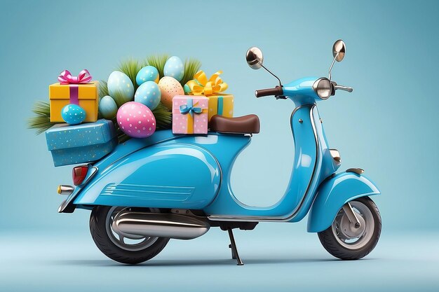 Blue vintage scooter with gift box for Happy easter day easter delivery with colorful egg Easter