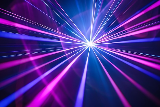 Photo blue and violet beams of bright laser light shining on black background