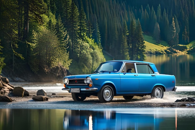 A blue volvo 500 is parked in front of a lake.