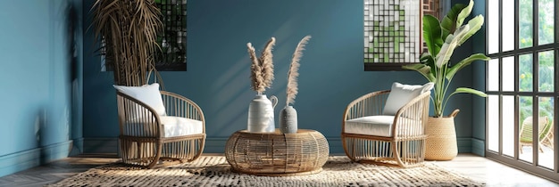 Photo blue wall interior mockup with rattan furniture