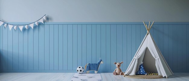 Photo blue wall room interior design with white teepee and toy animals for kids blue wall room interior de