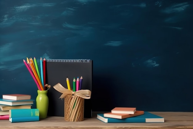 A blue wall with a book pencils and a book on it