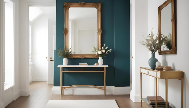 a blue wall with a gold frame and a white vase with flowers in it