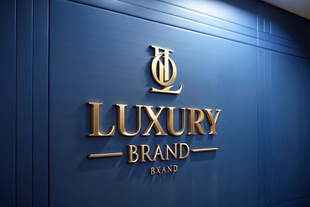 a blue wall with a gold logo for luxury brand