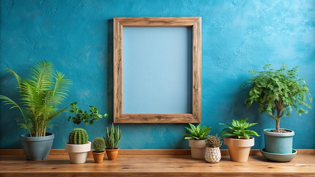 a blue wall with a picture frame and potted plants on it