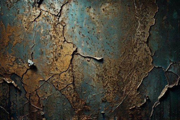 a blue wall with a piece of peeling paint and a picture of a cracked wall