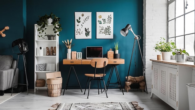 a blue wall with a plant and a lamp