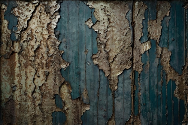 a blue wall with a rusted paint peeling off