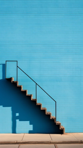 a blue wall with a staircase and a fire hydrant