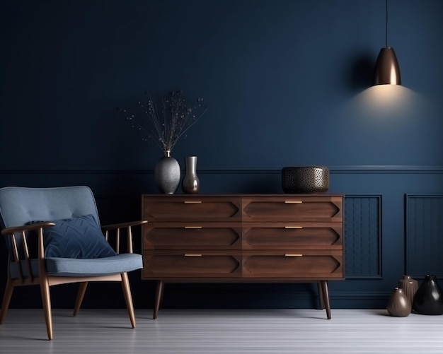 A blue wall with a vase of flowers on it and a blue chair in front of it.