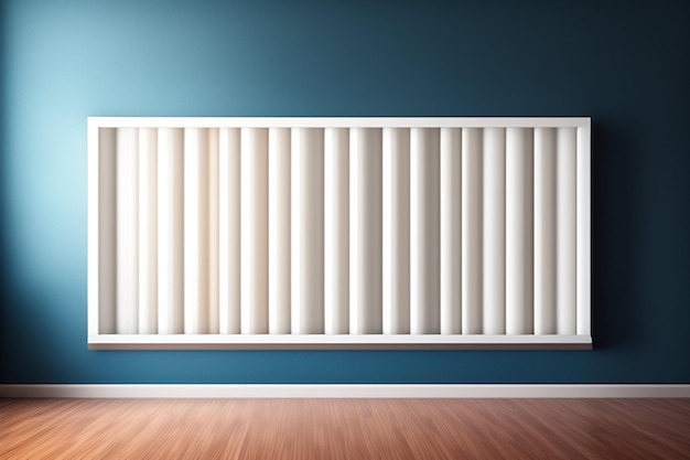 A blue wall with vertical blinds in the corner of it.