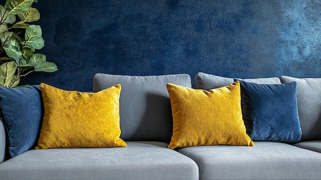 Photo a blue wall with a yellow pillow that says  no