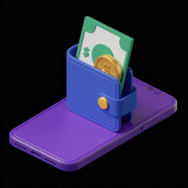 A blue wallet with a dollar bill and coin is on a purple smartphone