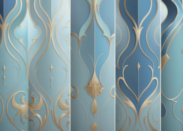 A blue wallpaper with gold and silver swirls.