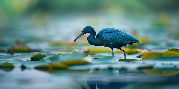 Blue water bird with green body walking on lily pad in lake Concept Nature Wildlife Bird Photography Aquatic Life