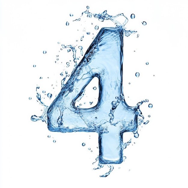 Photo blue water collects into the number 4 isolated on a white background