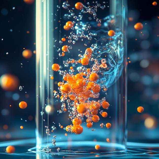 Photo a blue water droplet has orange and yellow bubbles