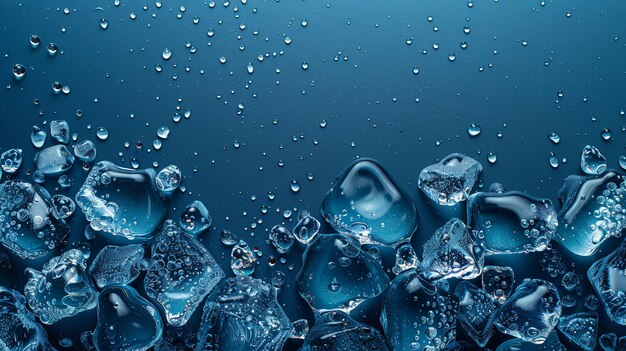 Blue Water Droplets and Ice Cubes on Dark Blue Surface