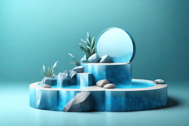 A blue water feature with plants and rocks in the water.