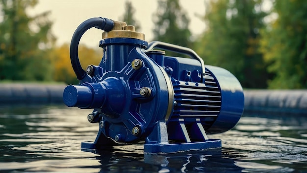 Photo blue water pump on the background of the water selective focus