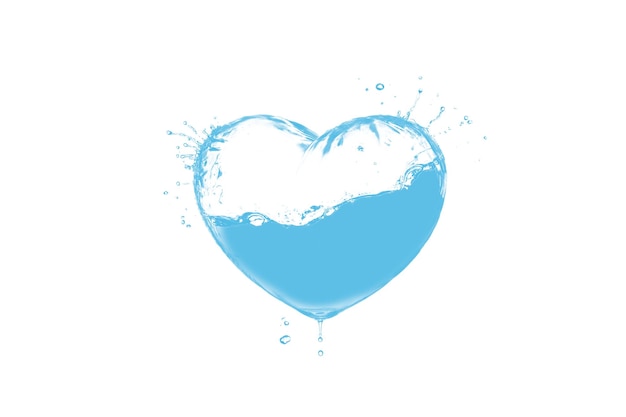 Blue water splash heart shape on a white background with copy space