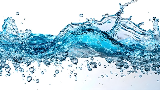 Blue Water Splash with Bubbles on White Background