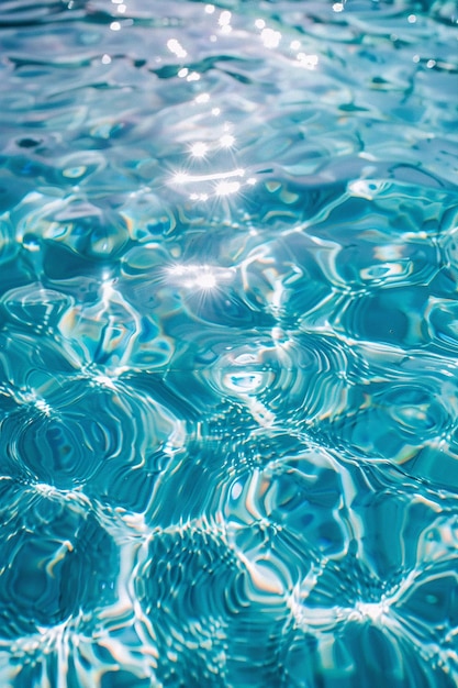 Blue water surface with bright sun light reflections background closeup