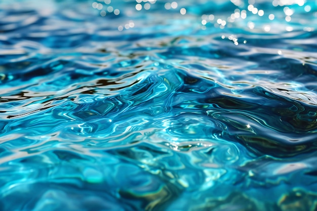 Blue water surface with ripples and bokeh abstract background