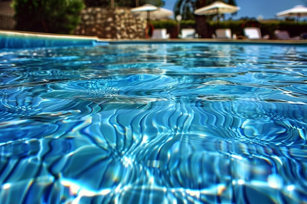 Blue water in a swimming pool in tropical hotel sunny day summer time