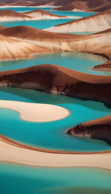 Photo a blue water with a brown and white area of the desert