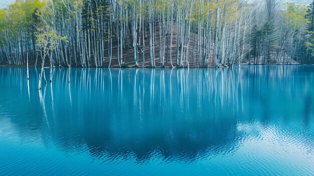 a blue water with trees in the water and the reflection of the trees in the water