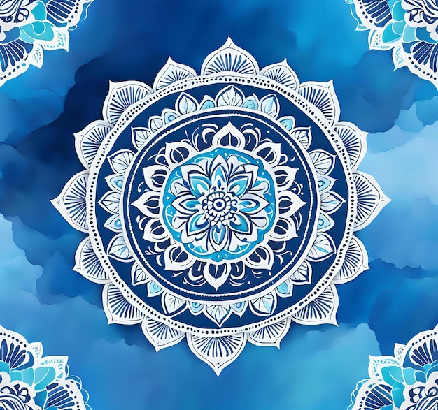 Photo blue watercolor art background with simple mandala design