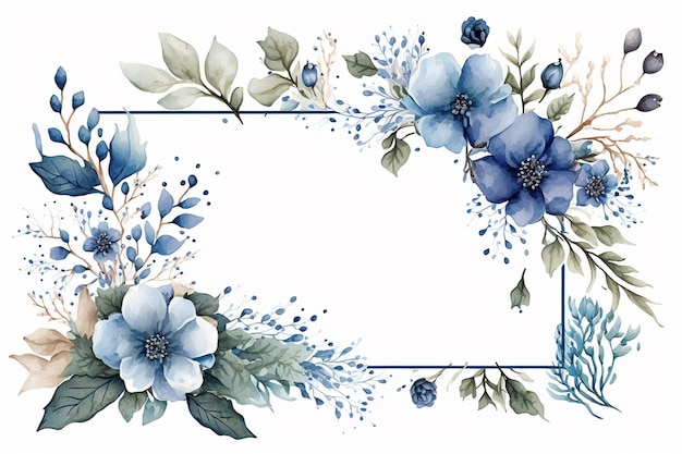 Blue watercolor flowers frame background