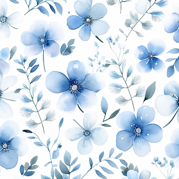 Blue watercolor flowers Seamless pattern background