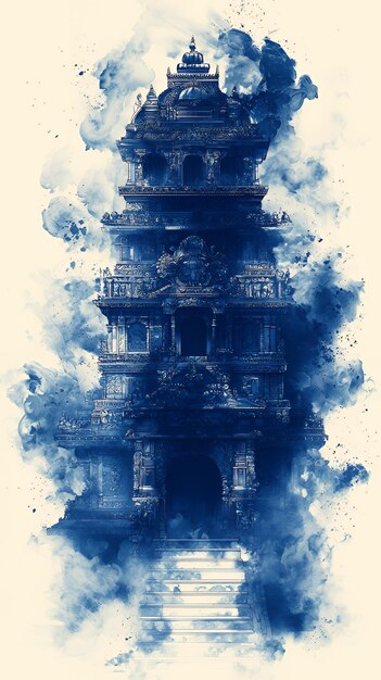 Photo blue watercolor illustration of an ancient pagoda